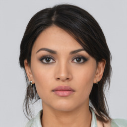 Neutral asian young-adult female with medium  brown hair and brown eyes