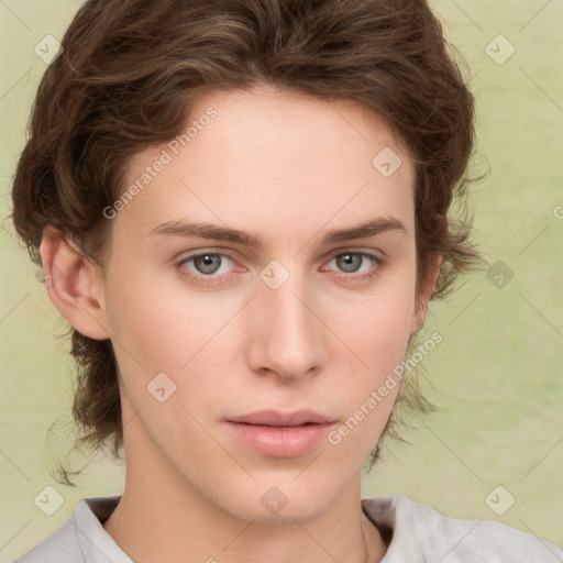 Neutral white young-adult female with medium  brown hair and green eyes