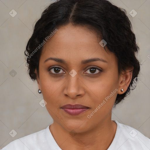 Joyful latino young-adult female with short  brown hair and brown eyes