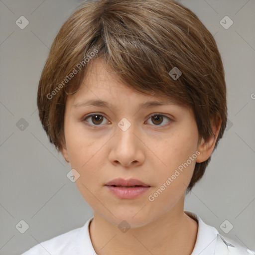 Neutral white young-adult female with medium  brown hair and brown eyes