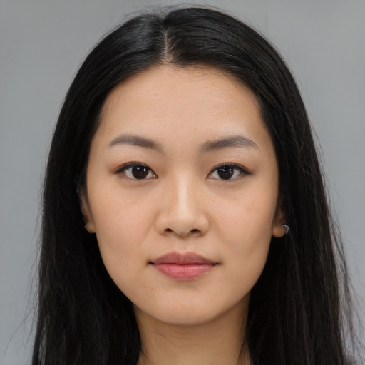 Neutral asian young-adult female with long  black hair and brown eyes