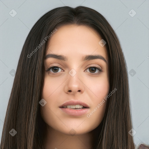 Neutral white young-adult female with long  brown hair and brown eyes