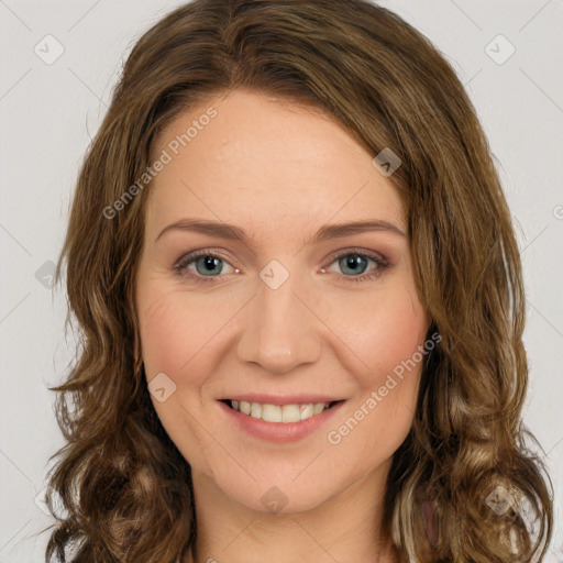 Joyful white young-adult female with long  brown hair and green eyes