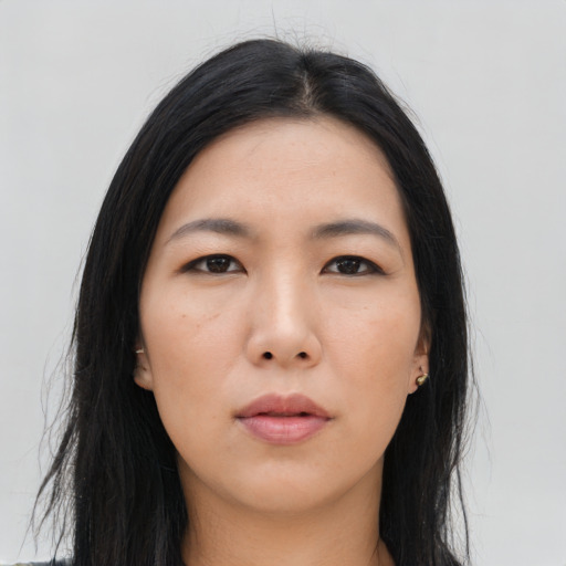 Neutral asian young-adult female with long  black hair and brown eyes