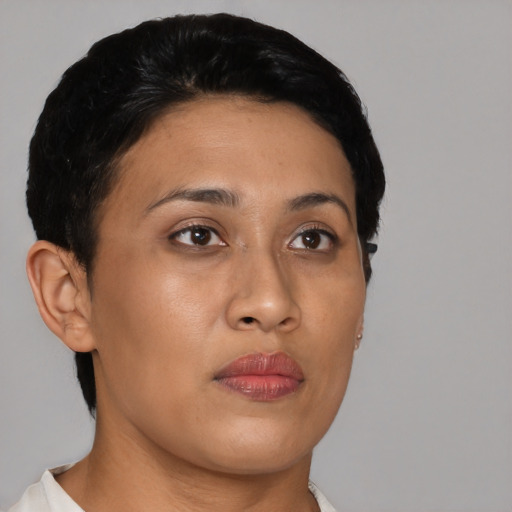 Neutral asian young-adult female with short  black hair and brown eyes