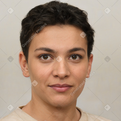 Joyful white young-adult female with short  brown hair and brown eyes