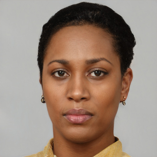 Neutral black young-adult female with short  black hair and brown eyes