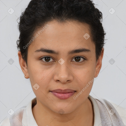 Joyful latino young-adult female with short  brown hair and brown eyes