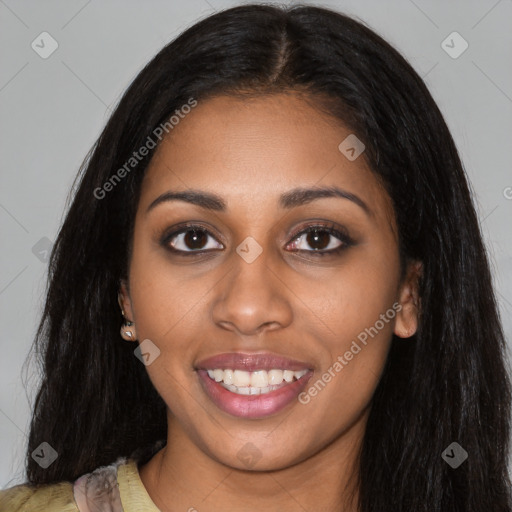 Joyful latino young-adult female with long  black hair and brown eyes