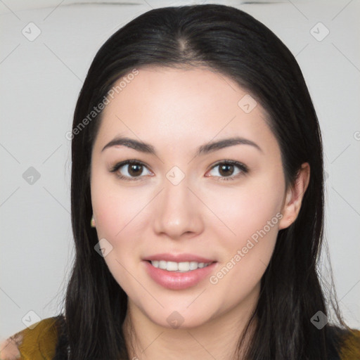 Joyful white young-adult female with long  black hair and brown eyes