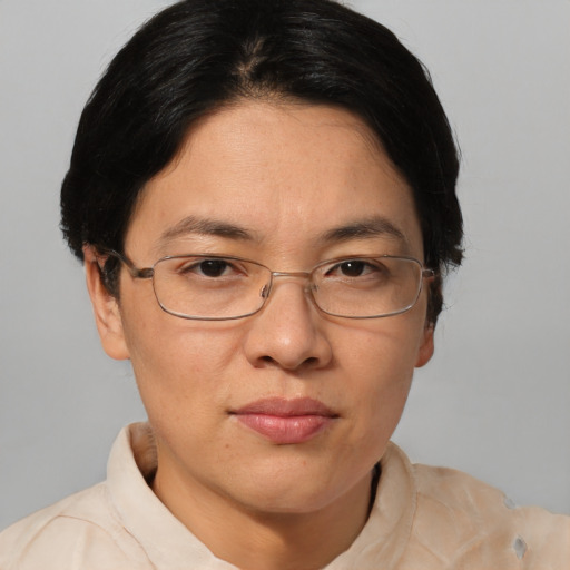 Neutral white adult female with short  brown hair and brown eyes