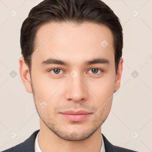 Neutral white young-adult male with short  brown hair and brown eyes