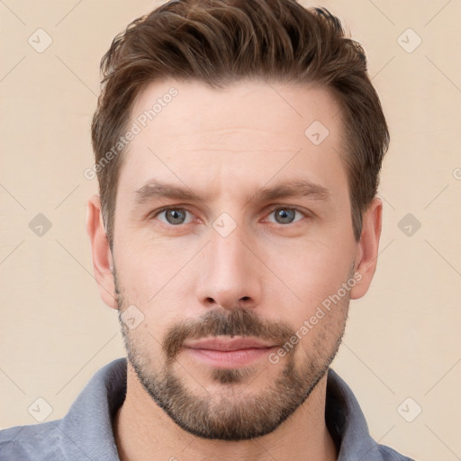 Neutral white young-adult male with short  brown hair and grey eyes