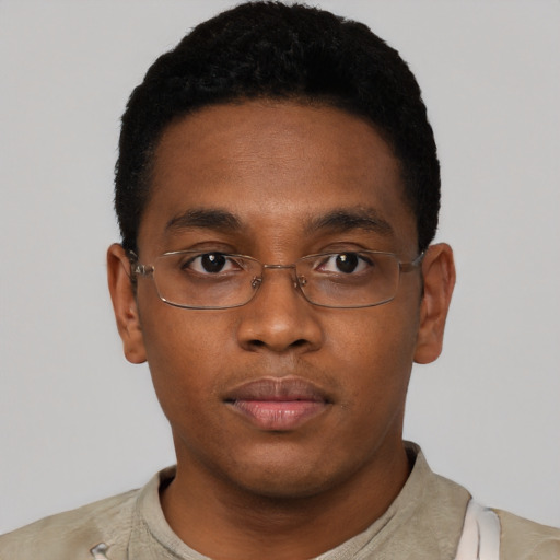 Neutral black young-adult male with short  black hair and brown eyes