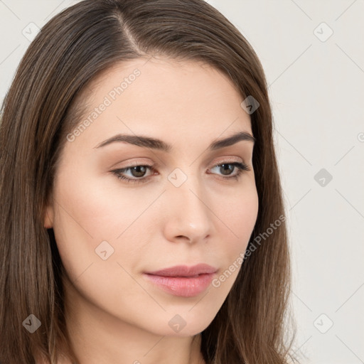 Neutral white young-adult female with long  brown hair and brown eyes