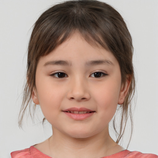 Joyful asian child female with medium  brown hair and brown eyes