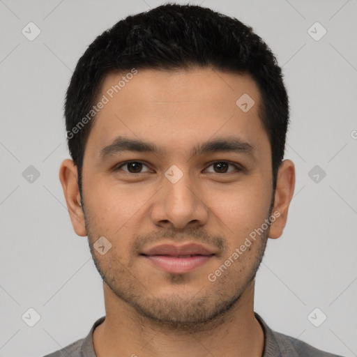 Joyful latino young-adult male with short  black hair and brown eyes