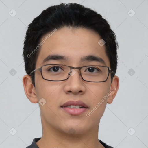 Neutral asian young-adult male with short  black hair and brown eyes