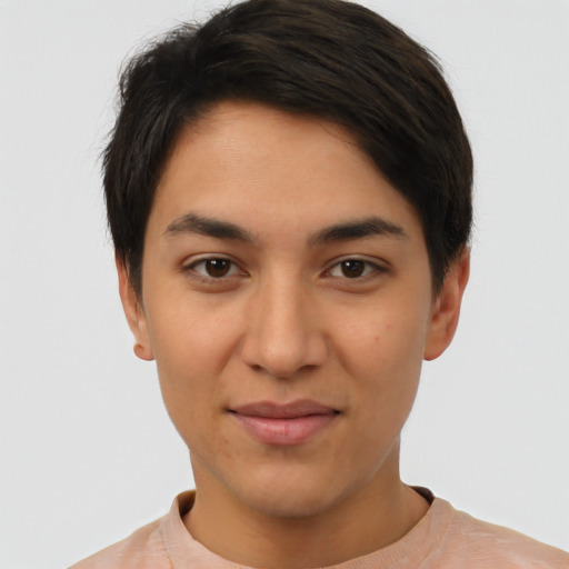 Joyful latino young-adult female with short  brown hair and brown eyes