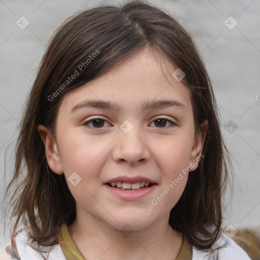 Joyful white child female with medium  brown hair and brown eyes