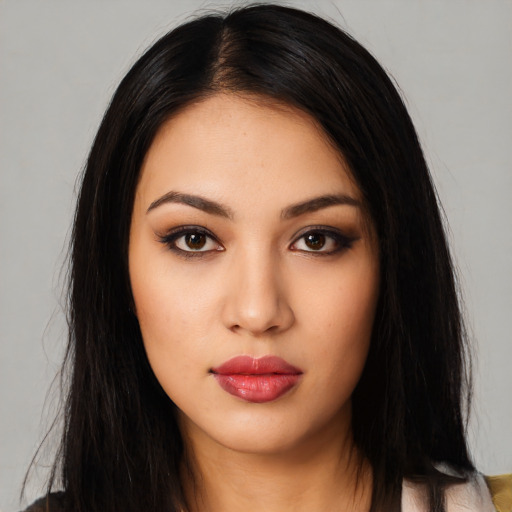 Neutral latino young-adult female with long  black hair and brown eyes