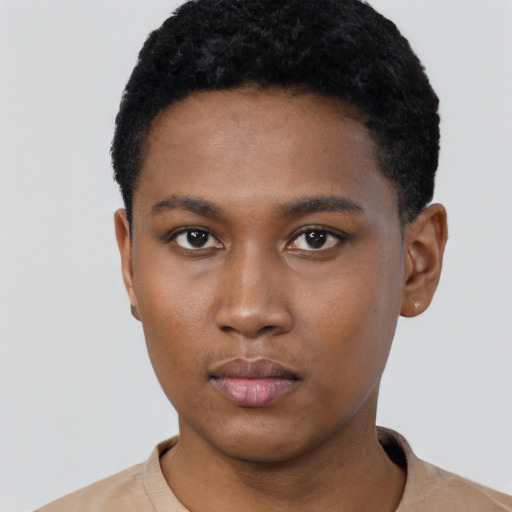 Neutral black young-adult male with short  black hair and brown eyes