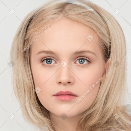 Neutral white child female with medium  brown hair and blue eyes