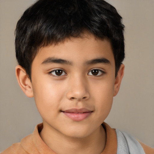 Joyful asian child male with short  brown hair and brown eyes