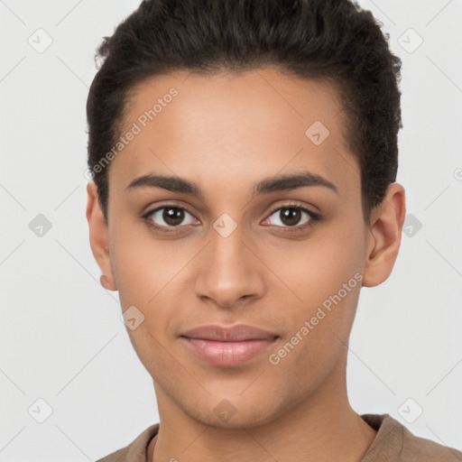 Joyful latino young-adult female with short  brown hair and brown eyes