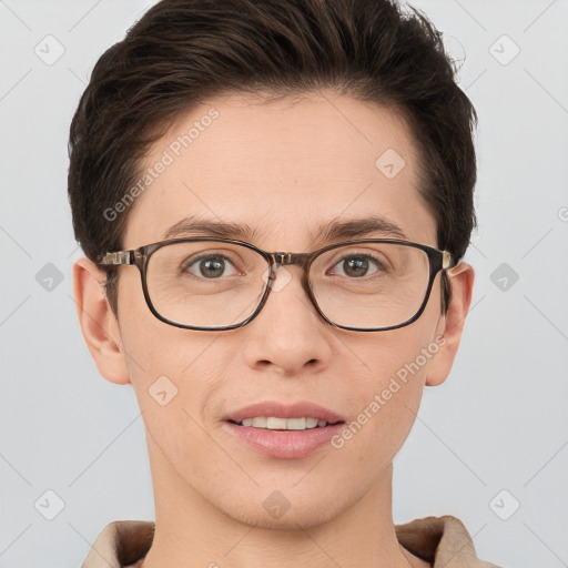 Joyful white young-adult female with short  brown hair and grey eyes