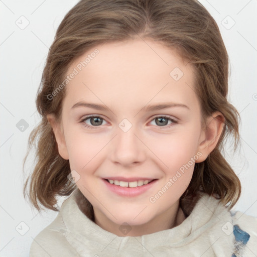 Joyful white child female with medium  brown hair and grey eyes