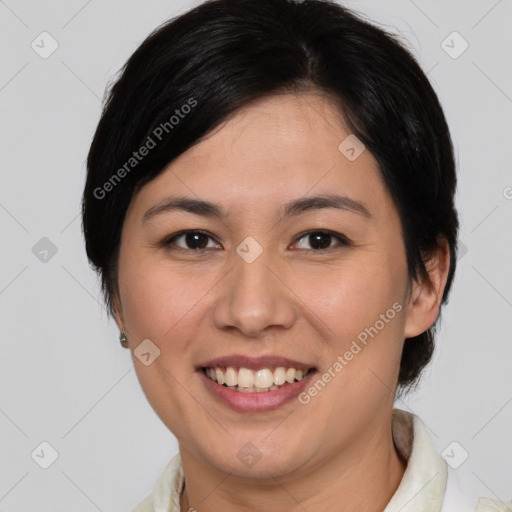 Joyful white young-adult female with medium  brown hair and brown eyes