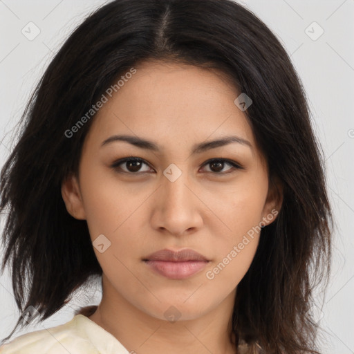 Neutral latino young-adult female with medium  brown hair and brown eyes