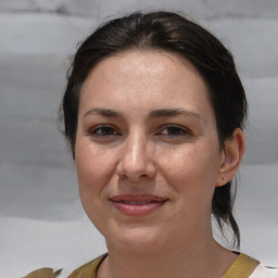 Joyful white adult female with medium  brown hair and brown eyes