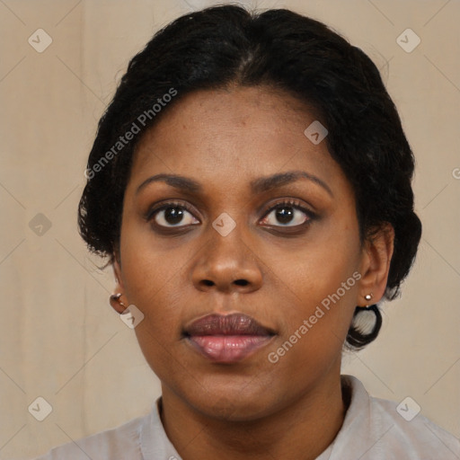 Neutral black young-adult female with short  black hair and brown eyes