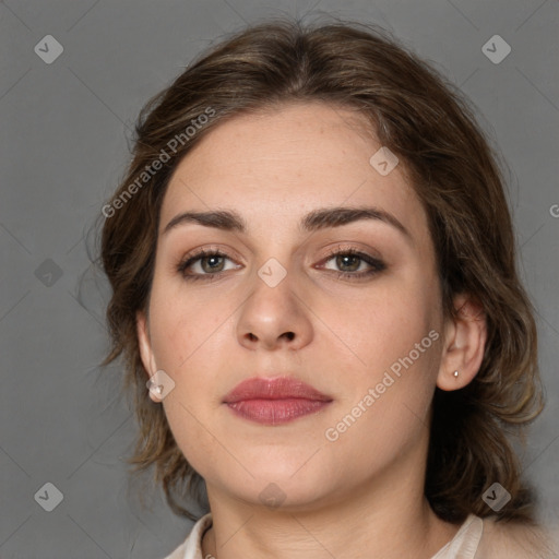 Neutral white young-adult female with medium  brown hair and brown eyes