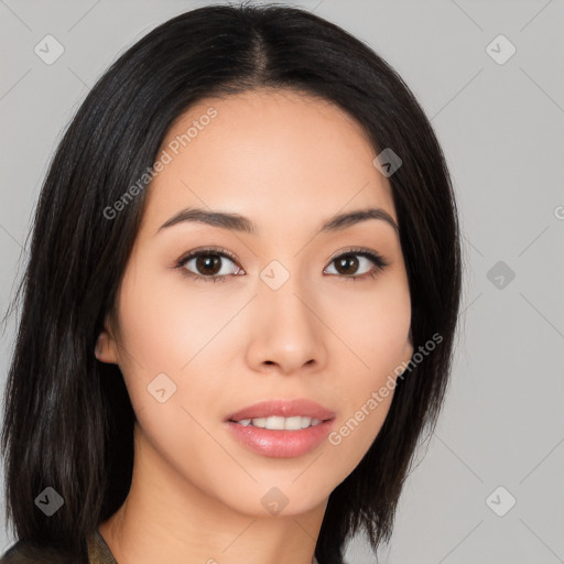 Neutral asian young-adult female with long  black hair and brown eyes