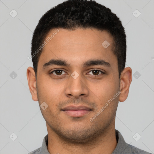 Neutral latino young-adult male with short  brown hair and brown eyes