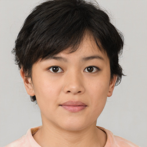 Neutral white young-adult female with short  brown hair and brown eyes