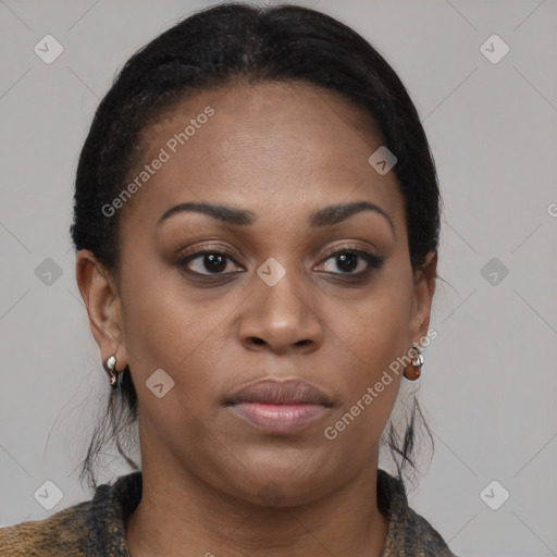 Joyful black young-adult female with medium  black hair and brown eyes