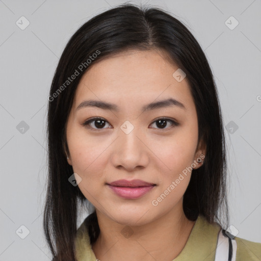 Joyful white young-adult female with medium  brown hair and brown eyes