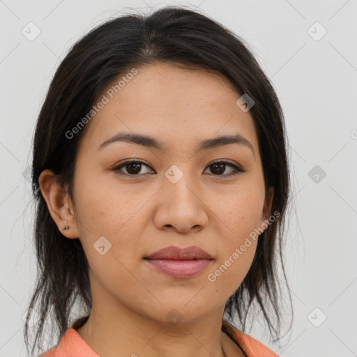 Joyful asian young-adult female with medium  brown hair and brown eyes