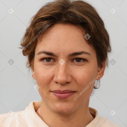 Joyful white adult female with short  brown hair and brown eyes