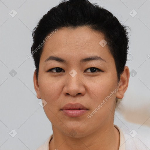 Neutral asian young-adult female with short  black hair and brown eyes