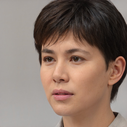 Neutral asian young-adult female with medium  brown hair and brown eyes