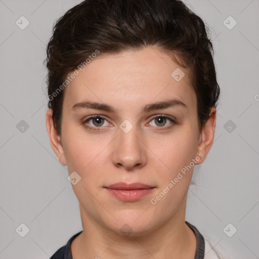 Neutral white young-adult female with short  brown hair and brown eyes