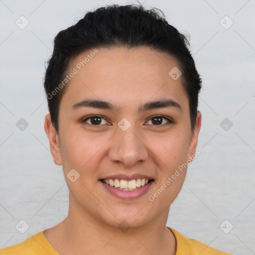 Joyful white young-adult female with short  brown hair and brown eyes