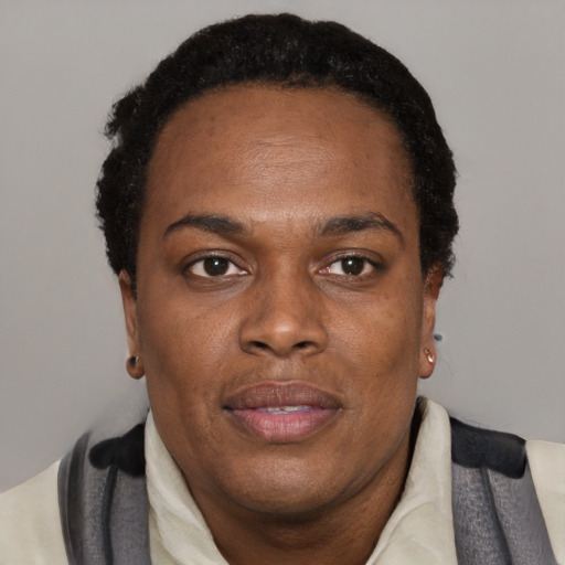 Neutral black adult female with short  black hair and brown eyes