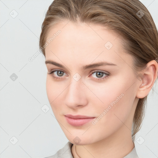 Neutral white young-adult female with medium  brown hair and grey eyes