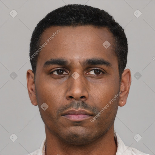 Neutral latino young-adult male with short  black hair and brown eyes